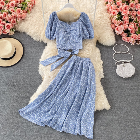 Floral Chiffon Square Neck Puff Sleeve Two Piece Skirt Set